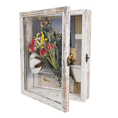 GraduationMall 8x10 Wood Shadow Box Frame Glass Door Display Case with Linen Back and 6 Stick Pins,1.5 inches Interior Depth,Ideal for Memorabilia Pictures Flowers Medals Tickets Rustic White - color: Rustic White, size: 8x10