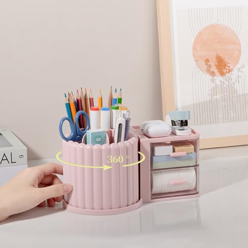 Anyoifax 360° Rotating Pen Holder 7 Slots Desk Organizer with Drawer Removable Pencil Cup Plastic Art Supplies and Accessories Desktop Storage Box Caddy for Office, School, Home (Pink) - color: Pink, size: Large