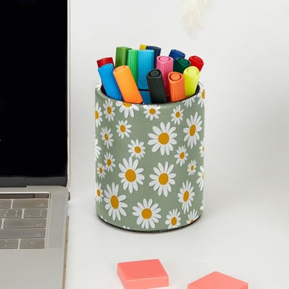 Light Green and Daisy Pen Holder Pencil Organizer for Desk, 3.1” x 3.1” x 3.9” Pencil Cup Office Supplies, Large Capacity Cute Pen and Makeup Brush Holder for Home, School, Desktop - color: Light Green and Daisy