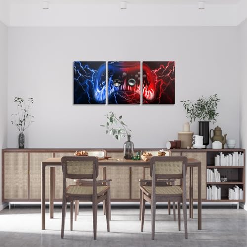 Feelyou Kids Gamer Canvas Wall Art 12" x 16" 3 Piece Gaming Office Wall Artwork Posters for Teens Adults Red and Blue Game Controller Bathroom Wall Art for Home Lightning Geometric Wall Painting - color: Blue and Red Black1