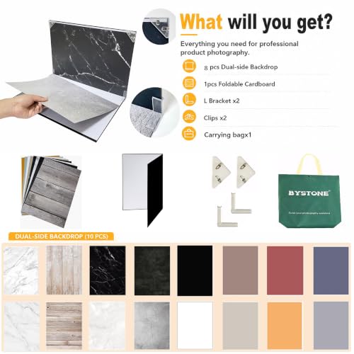 BYSTONE Product Photography Backdrops Kit, 8 Pcs 16 Patterns Photo Backdrop Board, 16.5 x 11.7 in Tabletop Background for Food Jewelry Cosmetics, Small Product Photoshoot Props