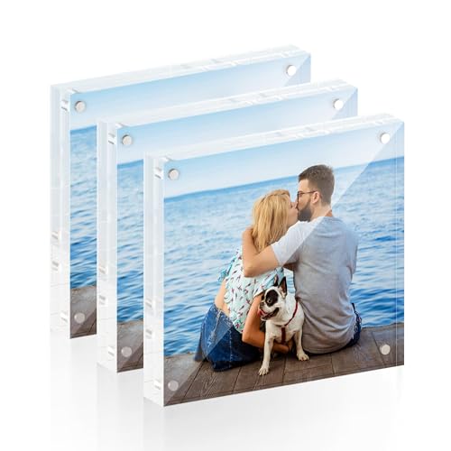ATZYmolin 5x5 Acrylic Picture Frame 3 Pack, 20mm Thick Magnetic Double Sided Display 20% Thicker- Frameless Clear Transparent Photo Frame for Desktop/Tabletop, Self Standing with Microfiber Cloth - size: 5x5"