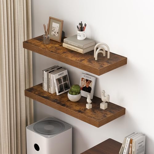 Dreamland 36" Floating Shelves for Wall, 12" Deep Thicker Floating Shelves, Wall-Mounted Shelves for Bedroom, Living Room, Kitchen, Bathroom,Rustic Brown - Set of 2 - color: Rustic Brown, size: 36"W x 12"D x 2"H, Set of 2