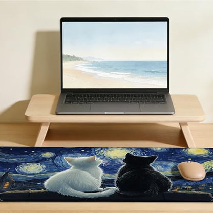 Black Cat and White Cat Look Starry Sky Gaming Mouse Pad with Stitched Edges Non-Slip Rubber Base Mouse Pad for Office,Computer,Keyboard,Laptop and Home Desk,31.5 x 11.8 Inch - color: Black Cat and White Cat Look Starry Sky, size: 11.8*31.5inch