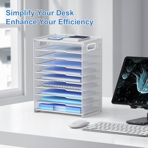 OUTWOLF 10 Tier Paper Organizer - Letter Tray Mesh Desk File Organizer with Handles for Office School Desktop, White - color: White