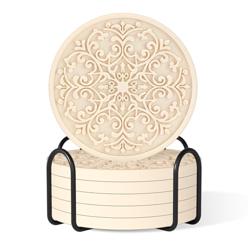 Drink Coasters, Coasters Set of 6 for Cup with Holder, Non-Slip Silicone Cup Mats for Hot and Cold Drinks, Cute Absorbent Coffee Bar Accessories Table Decor, Apricot - color: Apricot