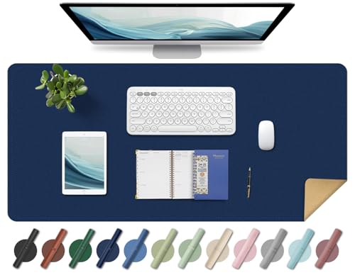 Large Desk Pad 35.4" x 17", Non-Slip Desk Mat with PU Leather & Natural Cork, Waterproof Writing Desk Natural Cork, Computer Mat Desk Protector for Office Home, Dark Blue - color: Dark Blue, size: 2.4" x 2.4"