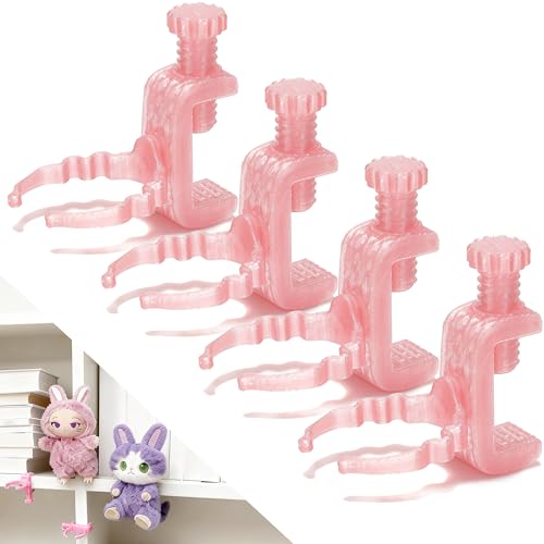 Doll Stand for Cabinet Edge Pink 4Pack | Neck grip design fits 3-7" Labubu blind box figures, adjustable clamp suits panels 0.3-1.02" thick - color: PINK