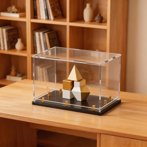 Acrylic Display Case for Collectibles, Dustproof Acrylic Box with Clear Display Elevation & Gold Risers, Large Display Case for Figures Toys Memorabilia, 16" L x 13" W x 13" H - size: 16"L x 13"W x 13"H