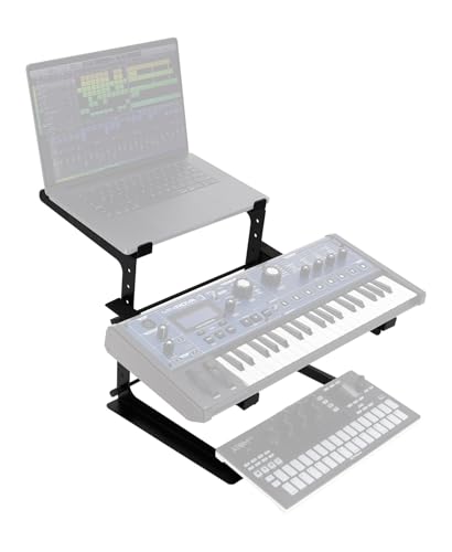 Rockville Rock2d2 Adjustable Dual Shelf DJ Controller Midi Keyboard Laptop Stand | Fits Laptops & MIDI Keyboards, Adjustable Width/Height/Depth, Steel Construction, Rubber Grip Pads, Non-Slip Feet