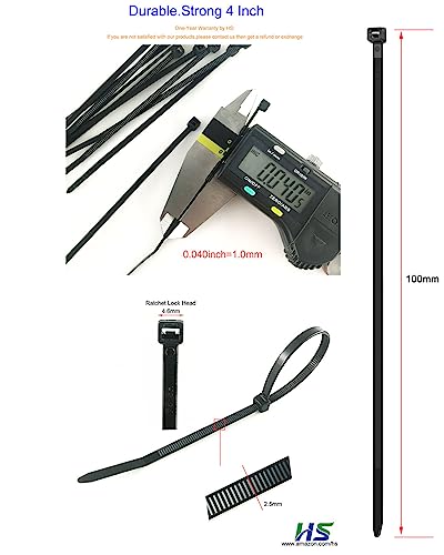 HS Durable Plastic Zip Ties 4 Inch (Bulk-1000 Pack) Small Tie Wraps Thin 18 Lbs Self-Locking Nylon Cable Ties for Electronics Organizer, Wire Zip Ties UV Rated Black - color: Black 4"1000