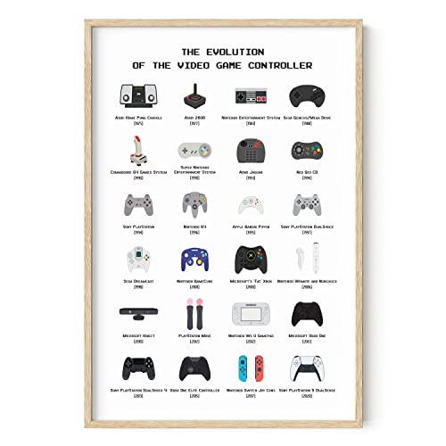 HAUS AND HUES Retro Video Game Posters for Walls Gamer Poster, Decor Boys Room, Wall Art Room Evolution of Controllers (Framed Beige 24x36), 24x36 Framed - color: Controller, size: 24"L x 36"W, style: Beige Framed