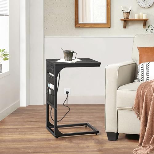 TUTOTAK C Shaped End Table with Charging Station, Side Table for Sofa, Couch Table with Storage Bag, Set of 2, TV Tray Table with 2 USB Ports and Outlets for Living Room, Bedroom, TB01BY0242 - color: Grey, size: 2 Pack (11.8"W), style: With Plug