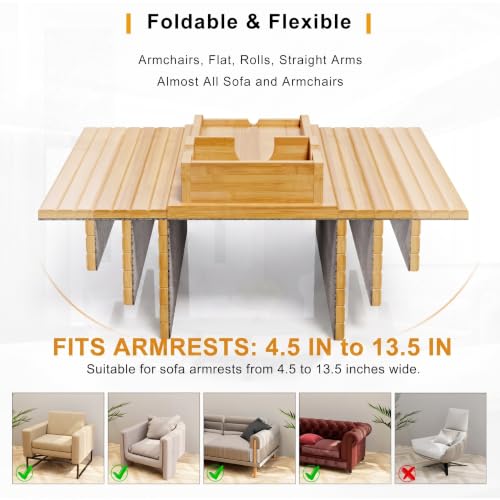 Bestjing Bamboo Sofa Armrest Tray - Couch Arm Tray with Detachable Couch Cup Holder - 2 in 1 Anti-Slip Foldable Sofa Armchair Caddy Table for Drinks Cellphone TV Remote Snacks - color: Bamboo, size: 16.3" x 13.3" x 2"