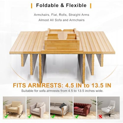 Bestjing Bamboo Sofa Armrest Tray - Couch Arm Tray with Detachable Couch Cup Holder - 2 in 1 Anti-Slip Foldable Sofa Armchair Caddy Table for Drinks Cellphone TV Remote Snacks - color: Bamboo, size: 16.3" x 13.3" x 2"