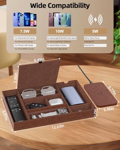 Leather Valet Tray with Wireless Charging Pad - Luxury EDC Nightstand Organizer for Men - Premium Desk Tray for Phone, Watch, Glasses & Keys - Sleek Office Desk Accessories & Gift for Him, Brown - color: Brown