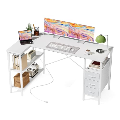 DUMOS L Shaped Desk with Shelf Drawers 55 Inch, White Corner Computer Desks Gaming with Power Outlet, Study Table with Adjustable Shelves, Home Office Tables for Bedroom Teacher Reading Writing - color: Milky