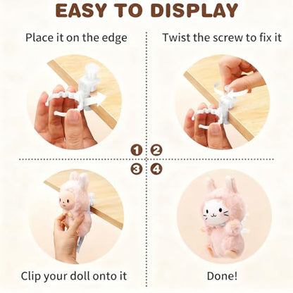 Doll Stand for Cabinet Edge White 4Pack | Neck grip design fits 3-7" Labubu blind box figures, adjustable clamp suits panels 0.3-1.02" thick - color: White
