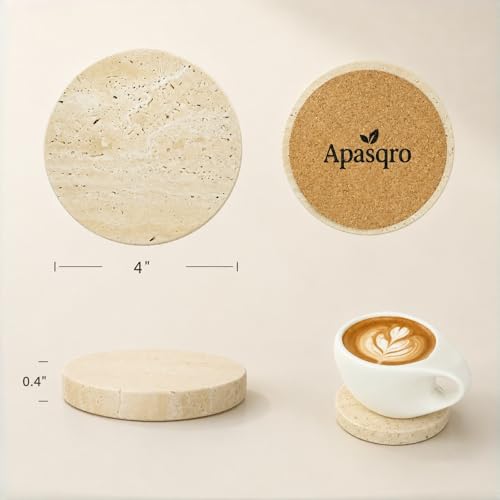Natural Travertine Coasters Set of 4 – Absorbent Stone Drink Coasters with Cork Backing, 4” Round Neutral Coffee Table Décor for Organic Modern Home Aesthetic - color: Beige