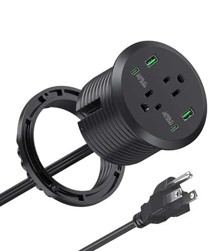 Desktop Power Grommet 3-inch Hole,40W Total Fast Charging Station, 2 PD 20W USB C Port,Flush-Mount Recessed Power Strip, 2 AC Outlets,4 USB Ports,in to The Top of Your Desk,6ft Cord - color: Black