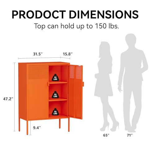 COFaR Orange Metal Storage Cabinet, 47”H Vibrant Coffee Bar & Buffet Sideboard with Adjustable Shelves, Fun Kitchen Organizer, Ventilated Steel Cabinet with Magnetic Doors for Dining Room, Office - color: Orange, size: 47"H with Mesh