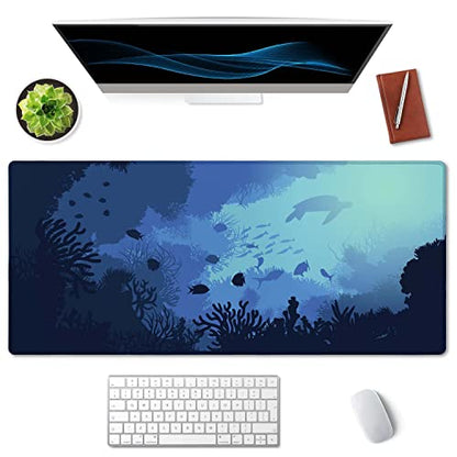 SSOIU Blue Ocean Big Turtle Desk Mat, Under The Sea Peaceful Extra Large Mouse Pad, Extended Gaming Mat 35.5" X 15.7", Large Non-Slip Rubber Base with Stitched Edges - color: Blue Ocean Big Turtle