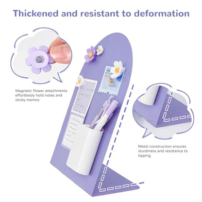 Desk Magnetic Message Board, Metal Bulletin/Memo Board with Magnetic Pen Holder and Flower Pins with Stand, Souvenir/Photo Display Board for Home, Office, Dormitory, Apartment, 8 * 11Inch - color: Purple
