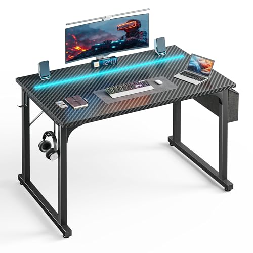 DurayLoly 40" Gaming Desk with Waterproof LED Lights, Carbon Fiber Desktop for Small Spaces | Home Office Study Computer Desk with Storage Bag & Headphone Hook, Black - color: Black, size: 40 Inch