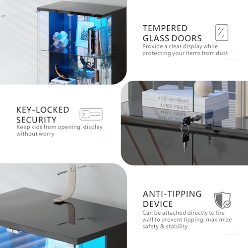 Lvifur 71” Glass Display Cabinet with Lights, Modern Curio Cabinet Display Cases for Collectibles, Locking Cabinet with Shelves & Drawers, Tall Bookcase with Human Body Sensor for Living Room (Black) - color: Black-71"