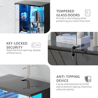 Lvifur 71” Glass Display Cabinet with Lights, Modern Curio Cabinet Display Cases for Collectibles, Locking Cabinet with Shelves & Drawers, Tall Bookcase with Human Body Sensor for Living Room (Black) - color: Black-71"