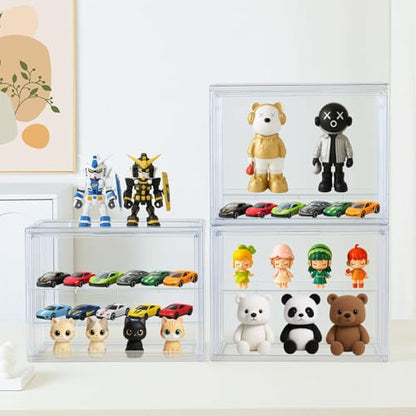 2-Pack Acrylic Display Case for Collectibles, Modular 3-Tier Clear Display Box with Magnetic Door, Stackable Figure Cabinet for Blind Box, Mini Figures, Vinyl Figures & 1:24 Diecast Cars - size: Medium