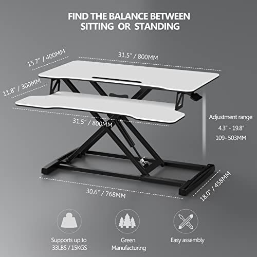 FITUEYES Height Adjustable Standing Desk 32” Wide Sit to Stand Converter Stand Up Desk Tabletop Workstation for Laptops Dual Monitor Riser White SD308003WW - color: White