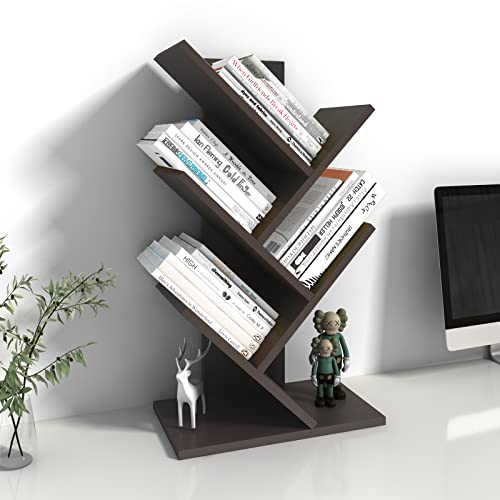 Godferyxin Book Tree Bookshelf, 5-Tier Wood Bookshelf Tree Bookcase for Displaying Books, CDs, Magazines and More at Office, Home or School - color: 5-tier-brown