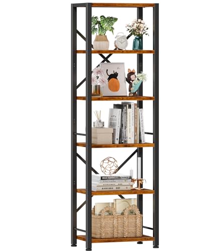 Furologee 6 Tier Tall Bookshelf, Industrial Narrow Bookcase, Display Standing Shelf Units, Metal and Wood Storage Rack Organizer for Living Room, Home Office, Entryway, Kitchen, Rustic Brown - color: Rustic Brown, size: 6 Tier - 15.3"W