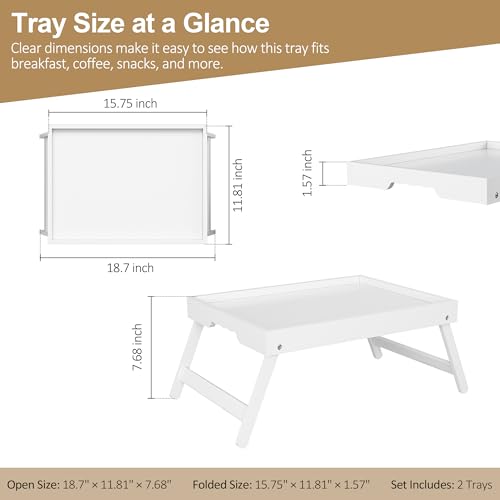 Breakfast Tray with Folding Legs Set of 2, Bamboo Bed Tray Table 15.7" Foldable TV Dinner Tray with Ergonomic Wave Handles for Bed Couch Sofa, Breakfast, Snacks, Coffee, White - color: White, size: Medium