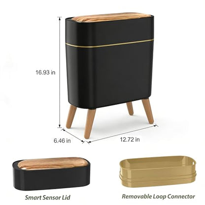 suyika Automatic Trash Can, 2.6 Gallon/10L Bathroom Trash Can with Lid - Wood Grain Lid and Legs, Touchless Waterproof Garbage Bin for Bedroom, Bathroom, Office, Living Room - color: Black