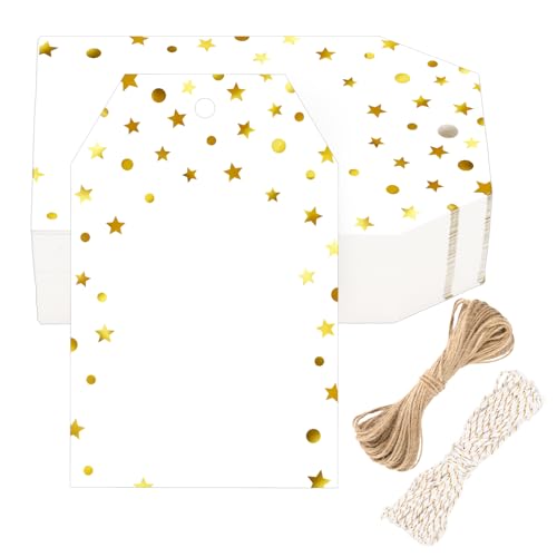 G2PLUS Gold Gift Tags with String, 100PCS Blank White Paper Hang Tag Writable Foil Star Dot Labels for Gifts, Christmas Presents, Wedding Favors, Party Bags, Small Business Packaging - style: Gold Foil Star Dots Border
