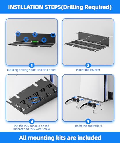 PS5 Wall Mount Aluminum Alloy Compatible with All PS5 Generations Holds Two Controllers Unimpeded Heat Dissipation Ps5 Accessories Universal for Living Room and Bedroom - color: Black