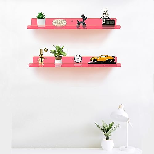 ROYALITA 24 Inches Acrylic Floating Book Shelves Wall Mounted Set of 2, Wall Hanging Plant Display Shelves, Room Decor Floating Wall Shelves for Gaming Room, Bedroom, Living Room, Office, Pink - color: Neon Pink, size: 24 Inch