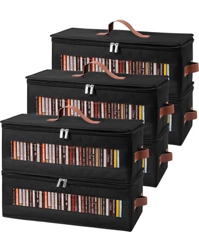 Qozary CD Storage Box - 6 Pack CD Case Holder with Clear Window, Holds 225 Jewel Cases, Media Storage Rack for CDs, Video Game Disks, Blu Ray Disc-16.5 × 8.3 × 8 in, Black - size: 6 Pack