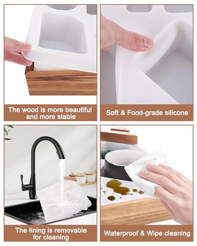 Couch Cup Holder Tray, Silicone Acacia Wooden Couch Caddy with Cup Holder for Snacks, Drinks, Remotes, Waterproof Cup Holder for Couch, Organizer, Couch Drink Holder, Pillow - color: A-white