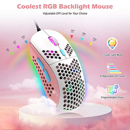 ZIYOU LANG RK-T8PR0 Wired 65% Mechanical Gaming Keyboard and Mouse Combo with RGB LED Backlit Anti-ghosting TKL Mini 68 Key Coiled C to A Cable Tactile Blue Switch for PS4 PS5 Xbox PC Mac Gamer(Pink) - color: Pink White Blue, size: 65% Keyboard + Mouse