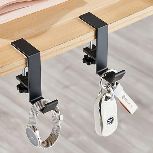 2Pcs Clamp-On Under Desk Headphone Holder Students' Desk Hook Women's Bag Hook with Adjustable Arm Clamp Backpack Handbag and Purse Holder - Suitable for Plate Between 1-5cm / 0.4-1.96” - Black - color: Black
