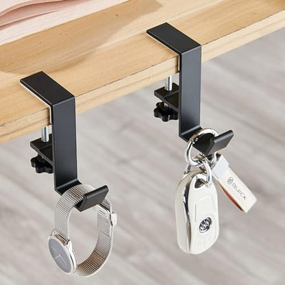 2Pcs Clamp-On Under Desk Headphone Holder Students' Desk Hook Women's Bag Hook with Adjustable Arm Clamp Backpack Handbag and Purse Holder - Suitable for Plate Between 1-5cm / 0.4-1.96” - Black - color: Black