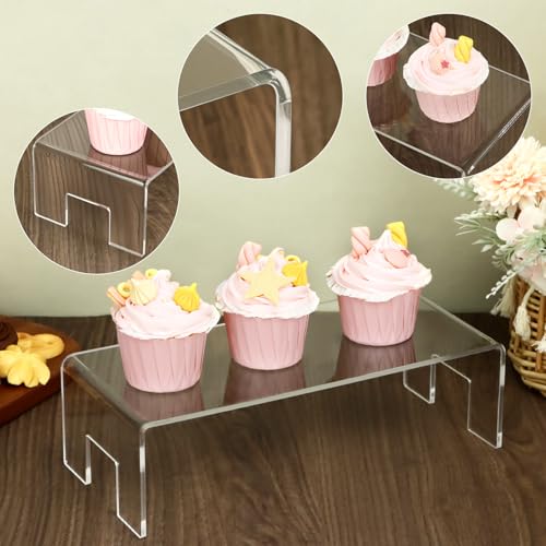 QWORK Clear Acrylic Display Risers Stand, 2 Pack 5mm Thick Transparent Showcase Shelves for Dessert Cupcakes Perfume Toys Cosmetics Jewelry Collectibles, 12x5x3.3 Inch Display Shelf