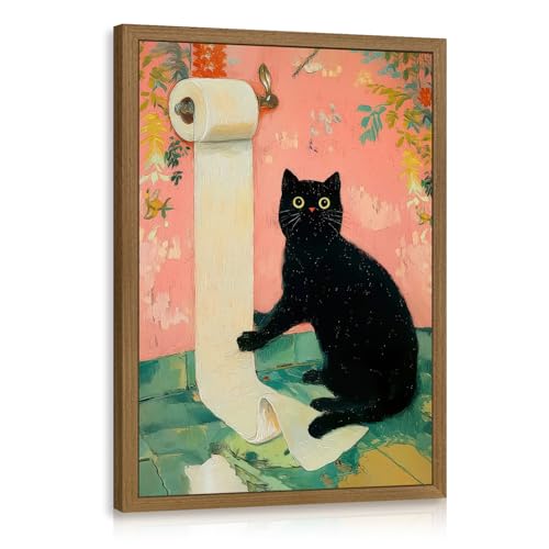 LERVR Wood Framed Funny Bathroom Wall Art, Cute Black Cat Toilet Paper Wall Decor, Whimsical Animal Bathroom Canvas Painting, Humorous Cat Aesthetic Picture for Restroom Washroom 12x16 Inch - color: Cat, size: 16"L x 12"W