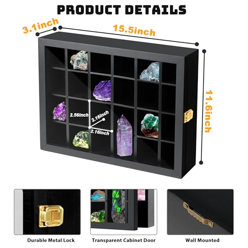 Adjustable Rock Display Case Wall Mounted, Crystal Collection Box with Shelves, Wooden Rock Collection Box for Kid and Collectibles
