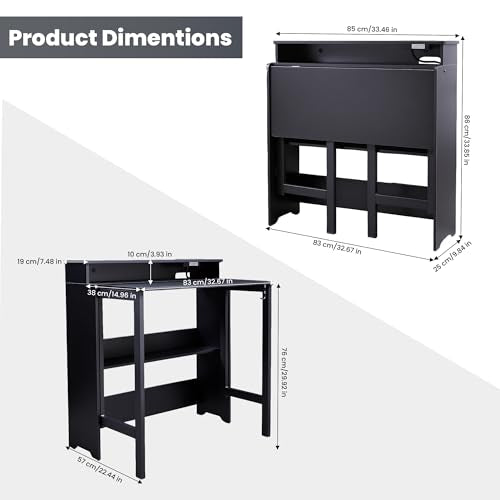 Folding Desk with Charging Station,Fold Out Desk with Monitor Stand,Storage Shelf,Small Foldable Computer Desk for Compact Home Office Spaces (Black) - color: Black