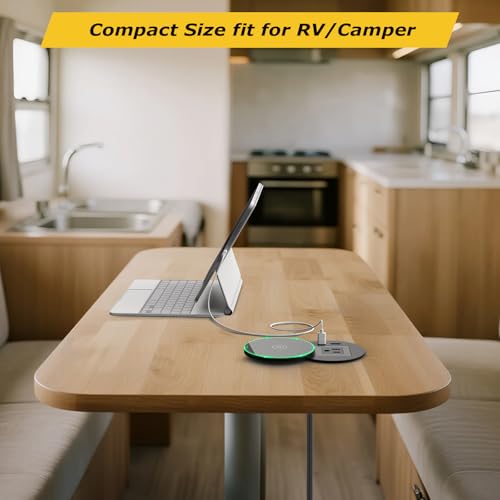 Desk Power Grommet with PD 30W USB C, 15W Wireless Recessed Power Outlets with 1 AC Plugs and 2 USB Ports, Hidden Power Strip for Office Kitchen Cabinet Conference Room