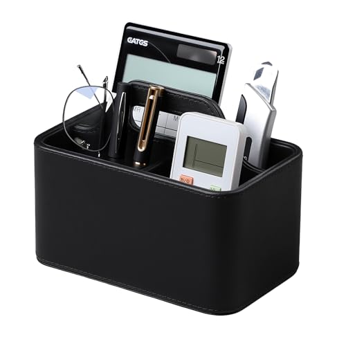 Caddy Organizer with Handle, PU Leather Remote Control Holder Desk Caddy, Portable Makeup Remote Organizer for Table, Nightstand, Office (Black) - color: Black